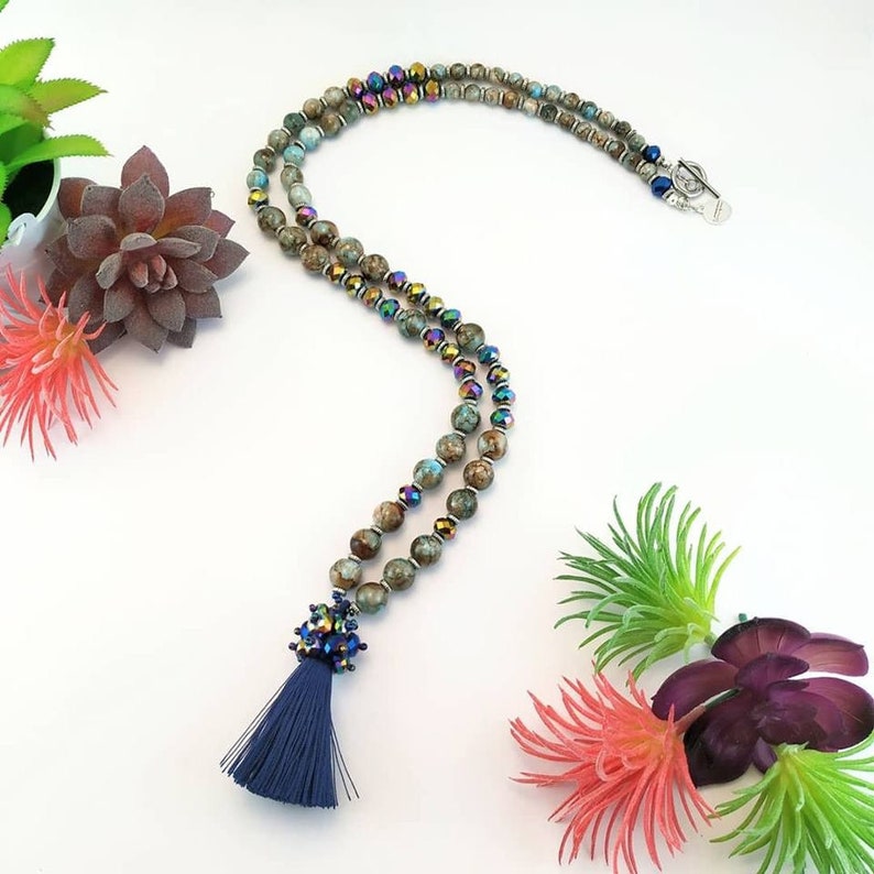 Blue Tassel Necklace Glass Beads Necklace Long Necklace image 0