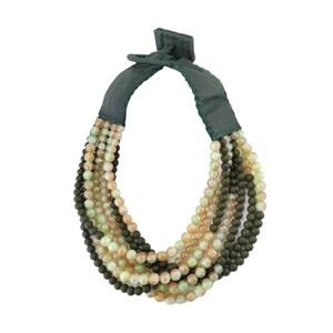 Double Layer Green & Neutral Bead Strand Necklace on Leather Strap