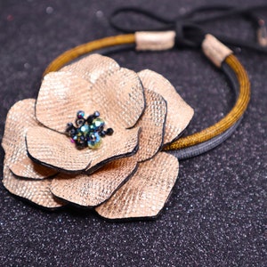 Big Gold Flower Choker Necklace with Crystal, Leather Floral Statement Collar Necklace, Large Flower Tie Necklace, Dainty Leather Jewelry image 5