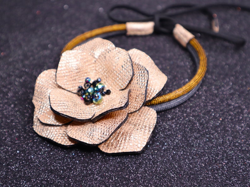 Big Gold Flower Choker Necklace with Crystal, Leather Floral Statement Collar Necklace, Large Flower Tie Necklace, Dainty Leather Jewelry image 5