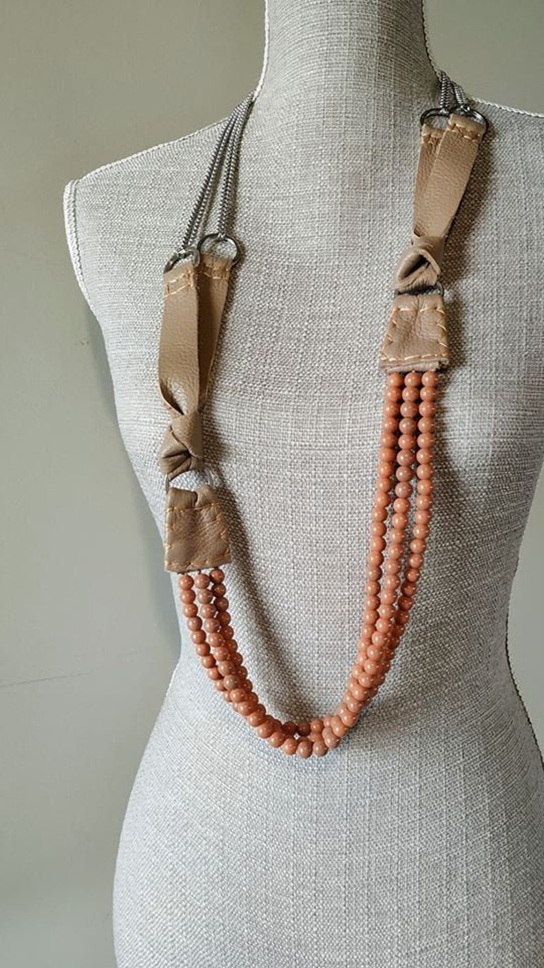 Long Statement Necklace Coral Color Glass Beads Nude image 0