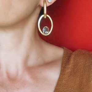 Gold Oval Dangle Earrings, Blue Crystal Zirconia Drop Earrings, Minimalist 18k Gold Dainty Earrings, Statement Earrings, Wedding Jewelry image 4