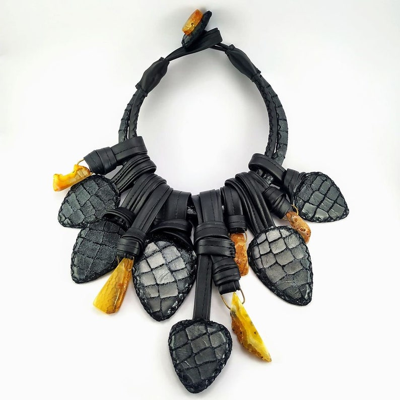 New Statement Black Leather Necklace Bib Necklace Yellow image 1