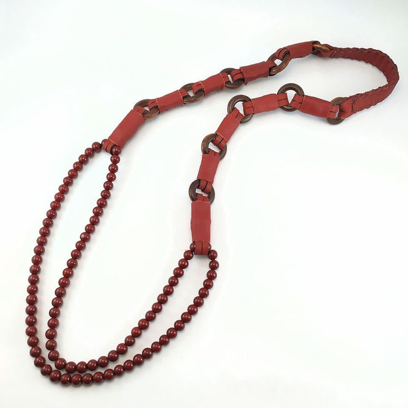 Brand New Long Red Leather Necklace Red Glass Beads image 0