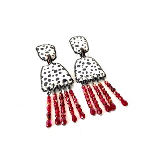 Large Red Crystal Drop Earrings, Animal Print Cork Earrings, Beaded Leather Statement Dangle Chandelier Earrings, Oversized Earrings image 3