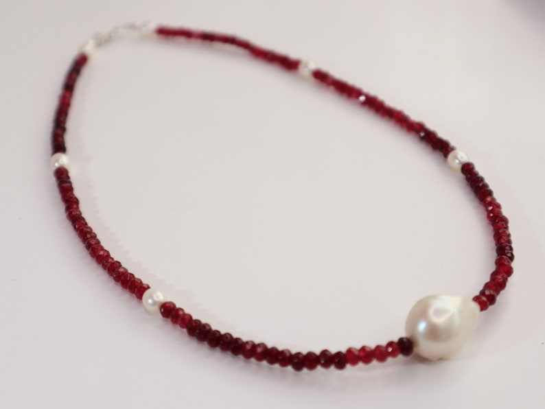 Dainty Genuine Freshwater Pearl Necklace in Sterling Silver, Ruby Gemstone Beaded Statement Fresh Water Pearl Choker Necklace, Gifts for her image 3