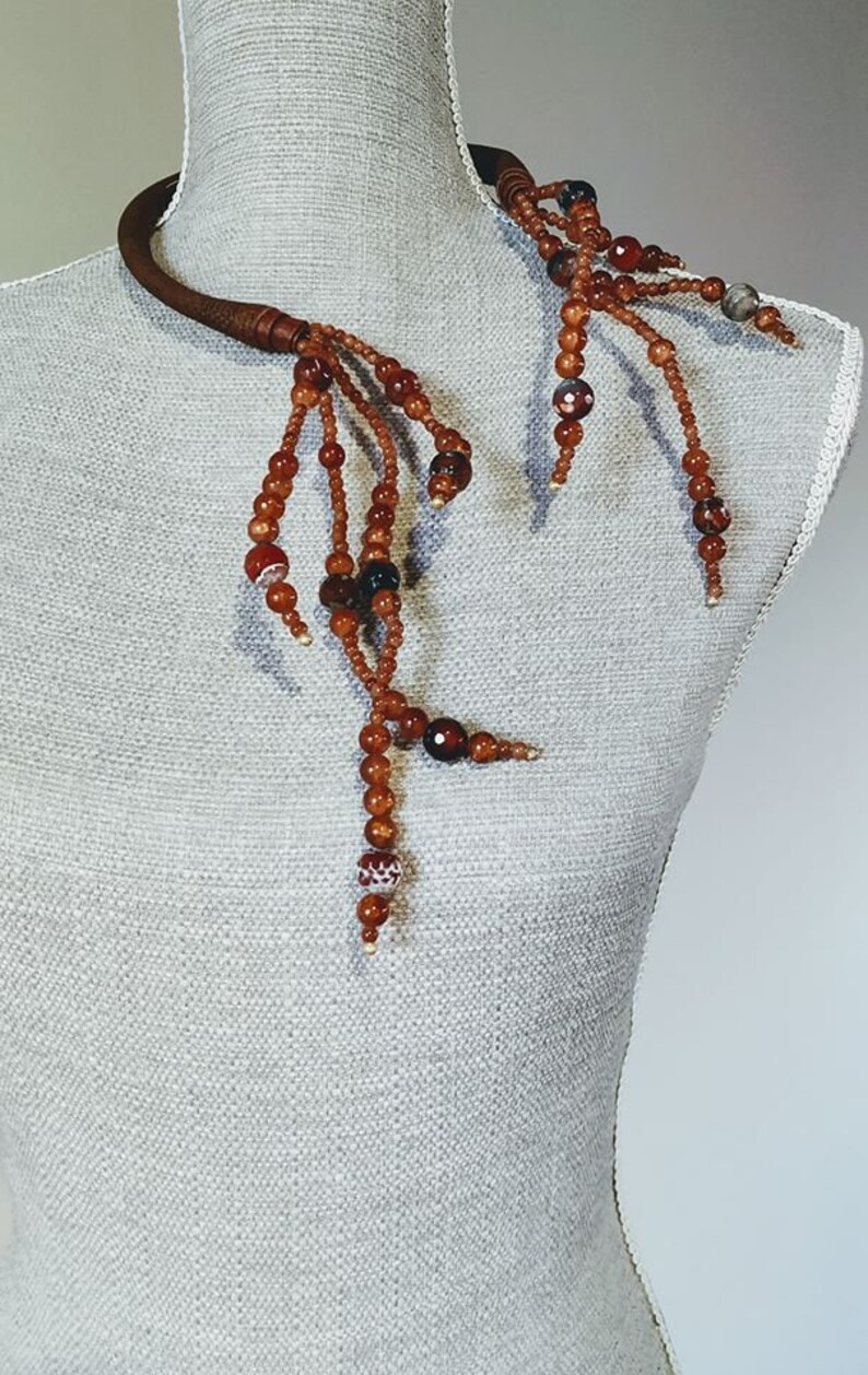 Caramel Beaded Choker Long Caramel Necklace Statement Leather image 7