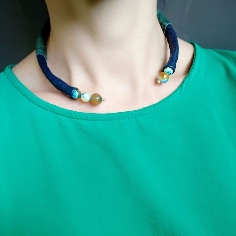 Brand New Choker Blue Green Leather Agates Choker Choker image 0