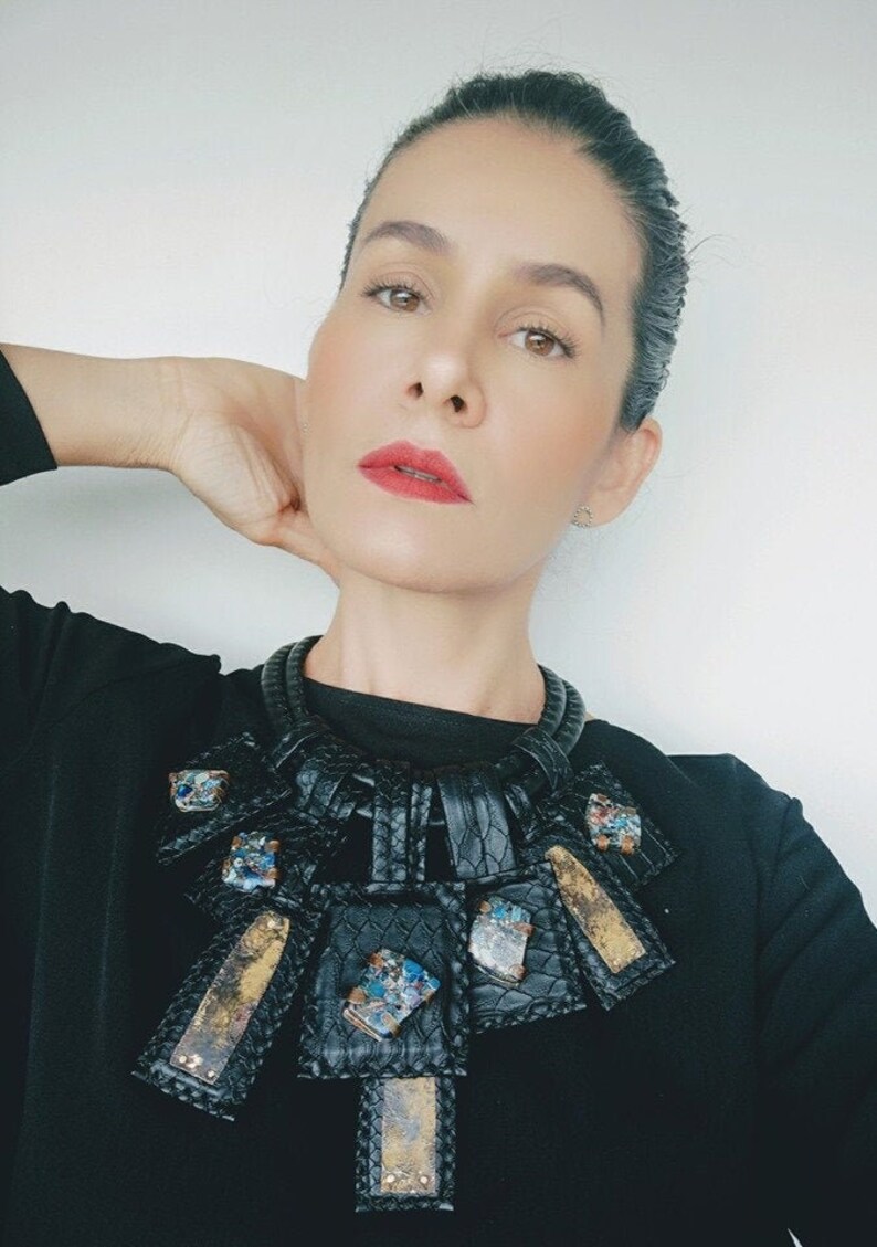Black bib leather necklace Statement leather necklace Sea image 0