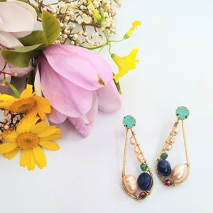 Bridal Pearl Drop Earrings, Gold Hoop Earrings for Women, Baroque Pearl and Lapis Lazuli Gemstone Earrings, Teardrop Pearl Earrings Wedding image 5