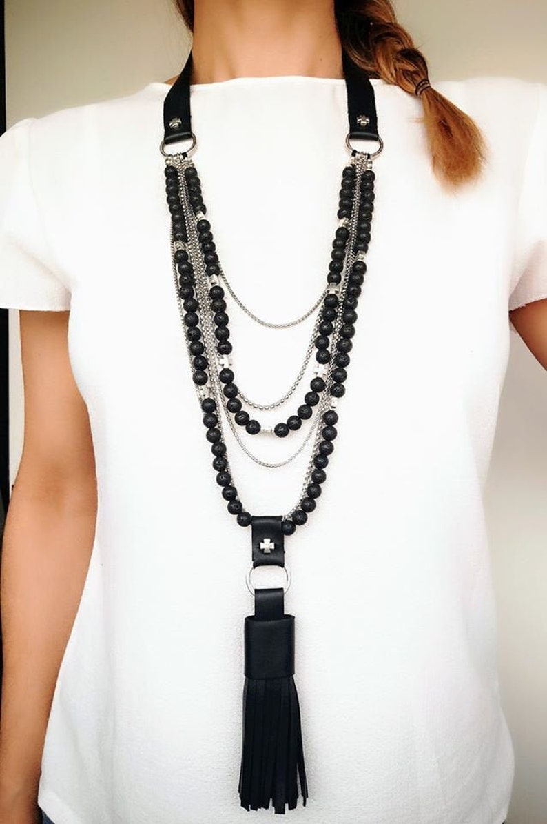 Black Lava Multi Chain Necklace Long Necklace Leather image 0