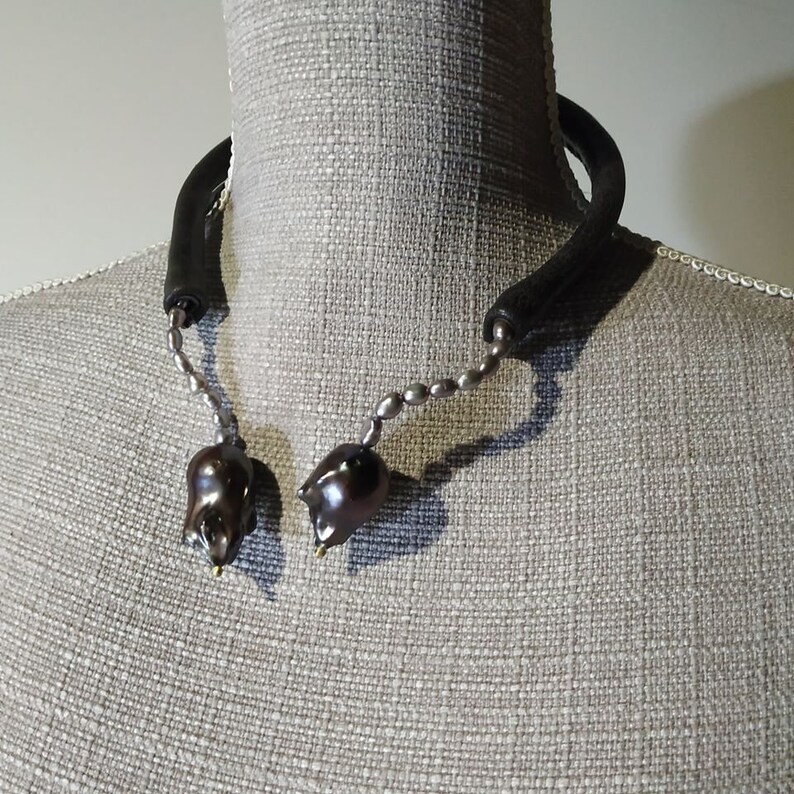 Dark Brown Leather Choker Brown Baroque Pearls Freshwater image 0