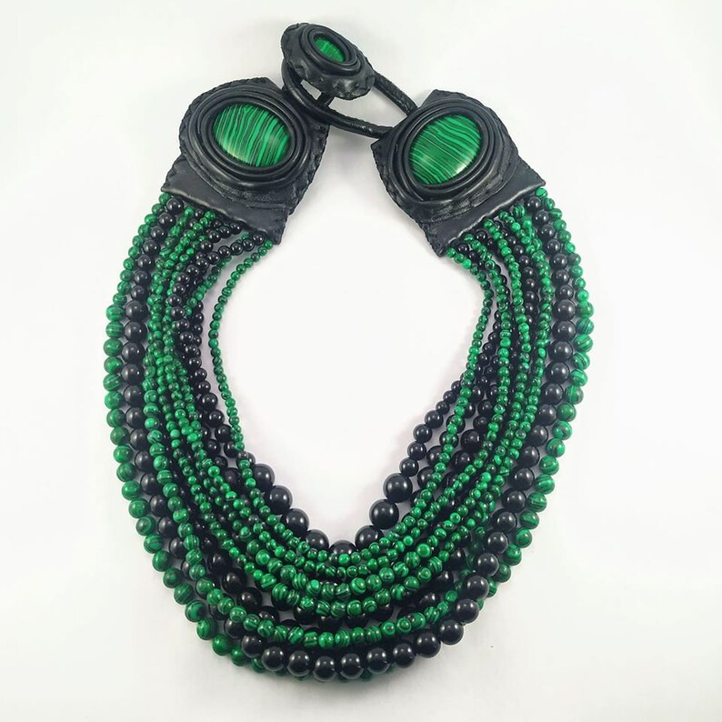 Necklace Malachite and Onyx Multi Strand Necklace Statement image 1