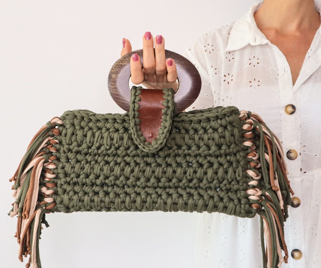 Handmade Knitted Bag Hand Woven Bag Boho Crochet Bag Green Etsy