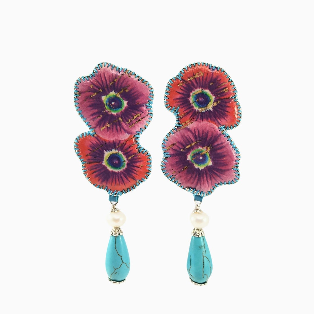 Boucles D'oreilles Vintage Turquoise - Argent Sterling 925 - Grandes - Années 90 - Occasion