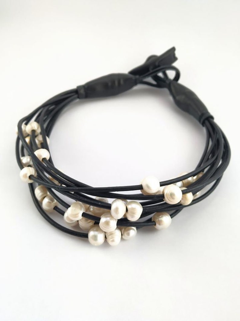 Multi Strand Necklace Freshwater Pearls Leather Cord image 1