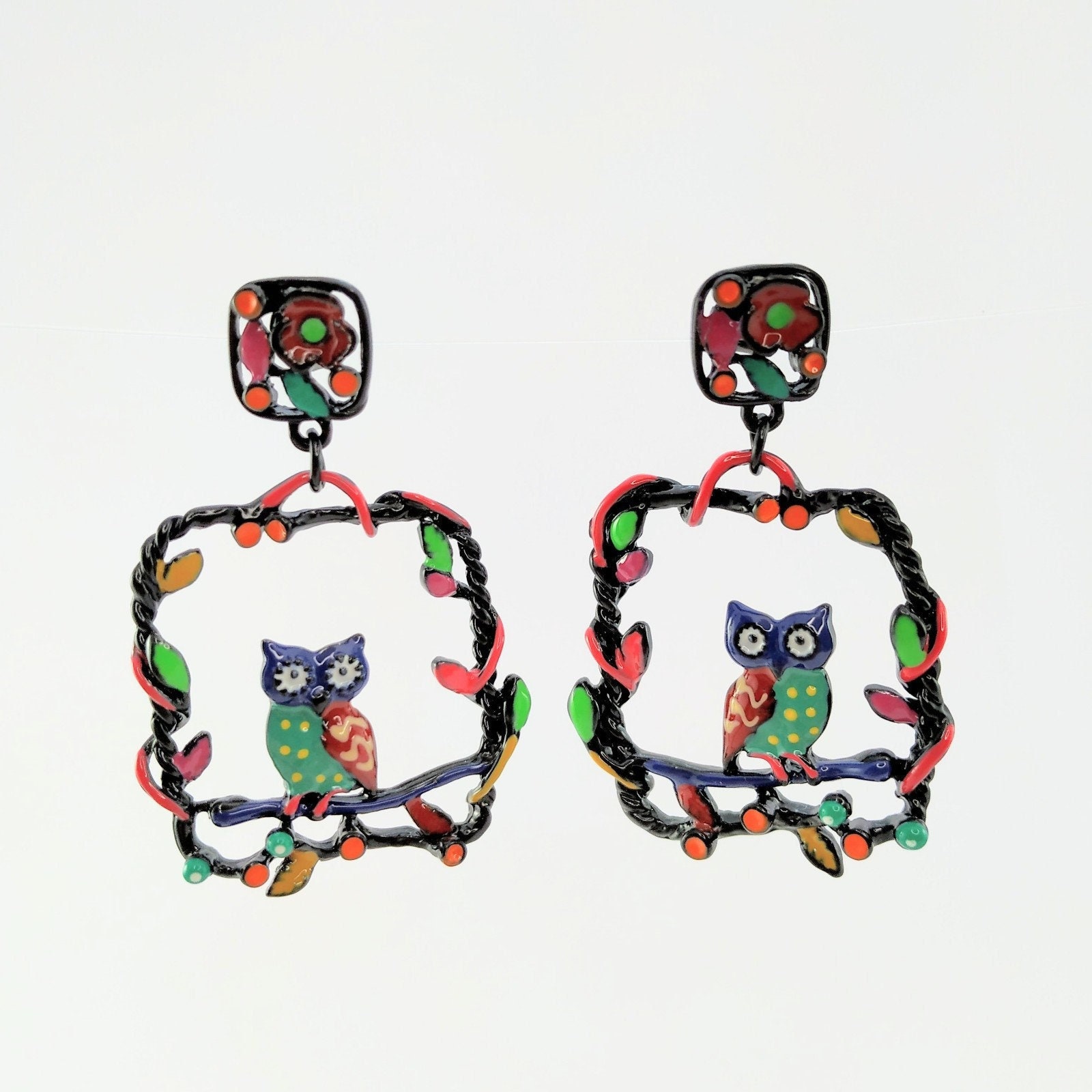 Hand-Painted Owl Earrings - Aesthetic Colorful Enamel Bird Earrings, Boho Botanical Jewelry, Cute An