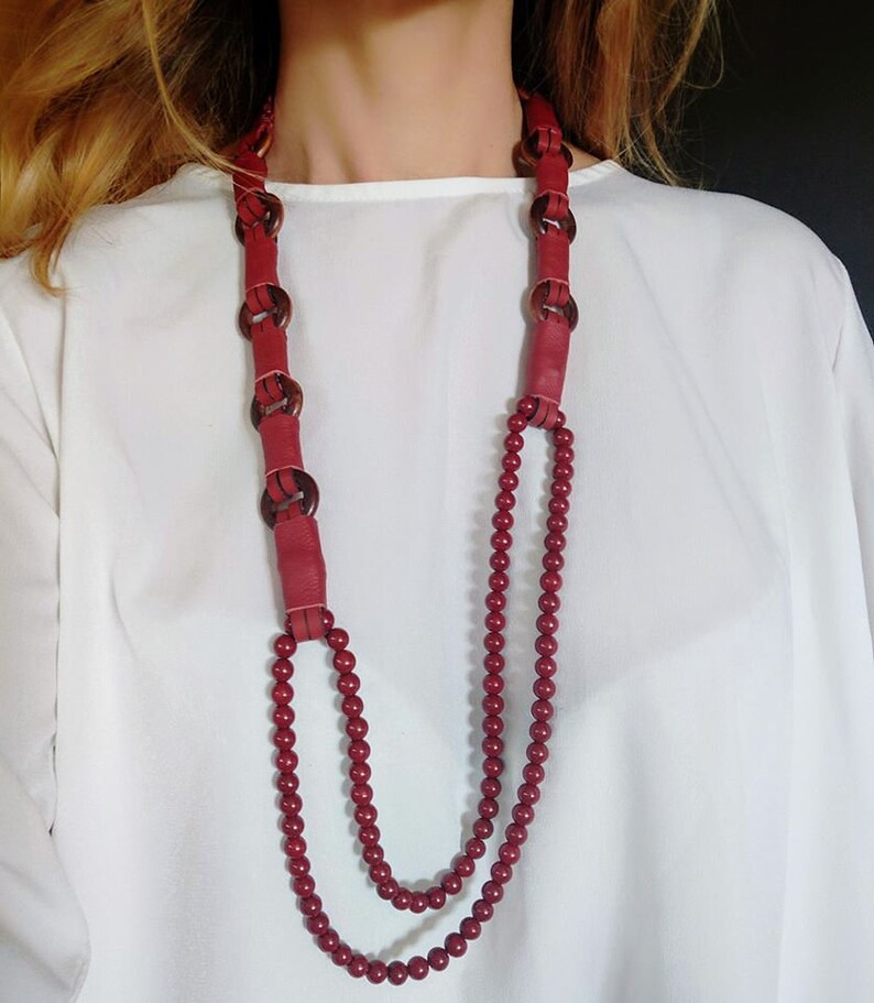 Brand New Long Red Leather Necklace Red Glass Beads image 9