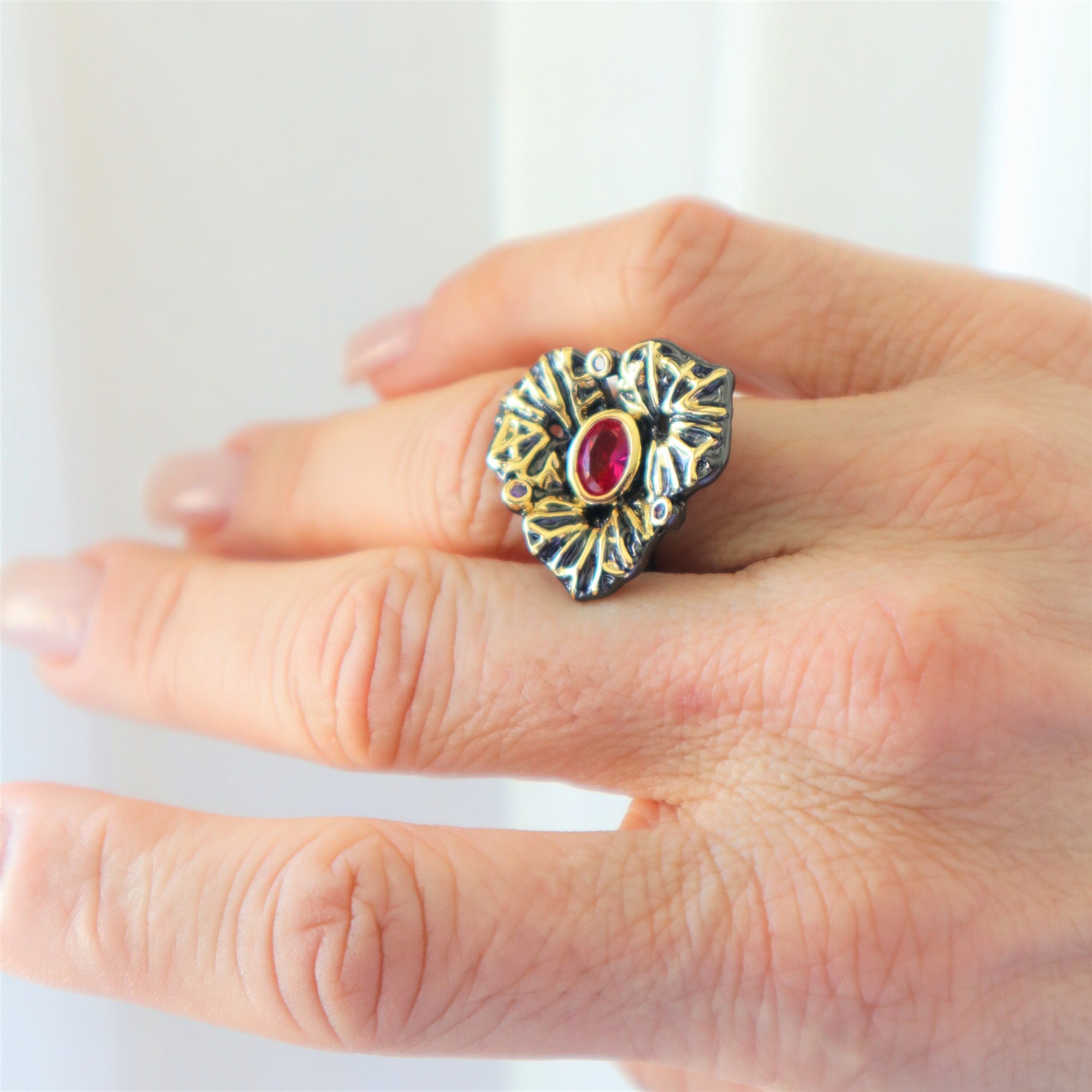 Black Gold Enamel Flower Ring, Cubic Zirconia Copper Ring, CZ Dainty Ring, Gold Filled Ring, Nature Inspired Ring, Minimalist Crystal Ring