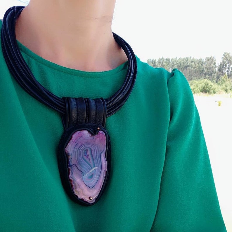 Leather Necklace  Statement necklace Purple Agate Stone image 0