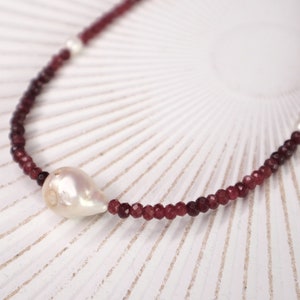 Dainty Genuine Freshwater Pearl Necklace in Sterling Silver, Ruby Gemstone Beaded Statement Fresh Water Pearl Choker Necklace, Gifts for her image 4