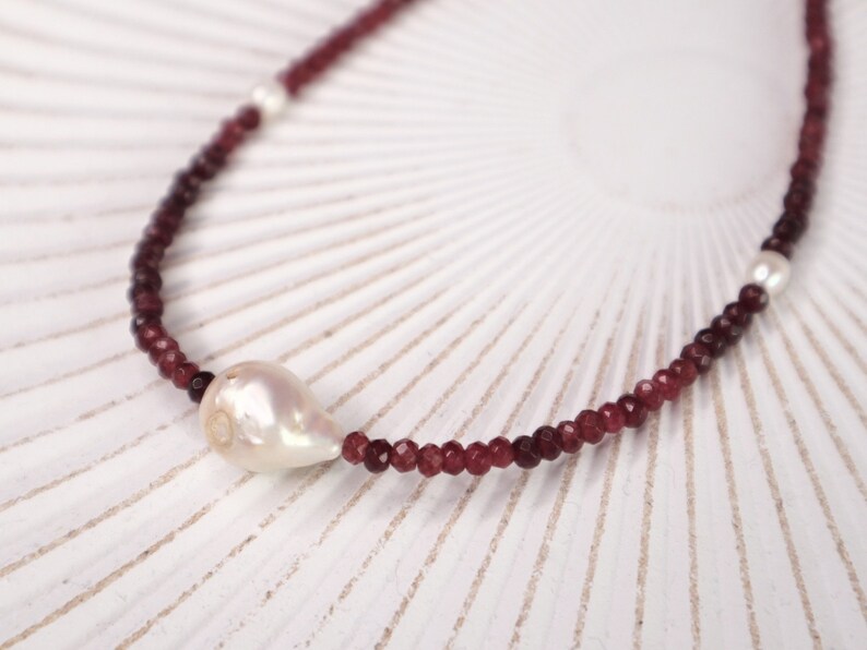 Dainty Genuine Freshwater Pearl Necklace in Sterling Silver, Ruby Gemstone Beaded Statement Fresh Water Pearl Choker Necklace, Gifts for her image 4