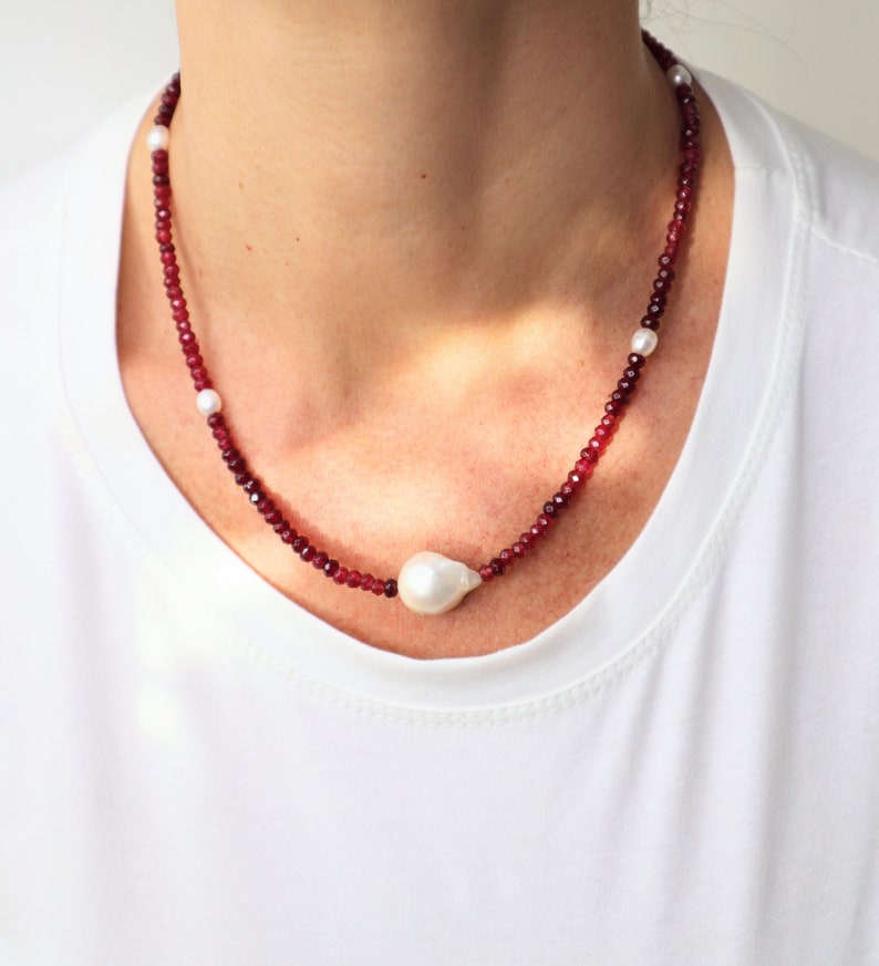 Dainty Genuine Freshwater Pearl Necklace in Sterling Silver, Ruby Gemstone Beaded Statement Fresh Water Pearl Choker Necklace, Gifts for her image 1