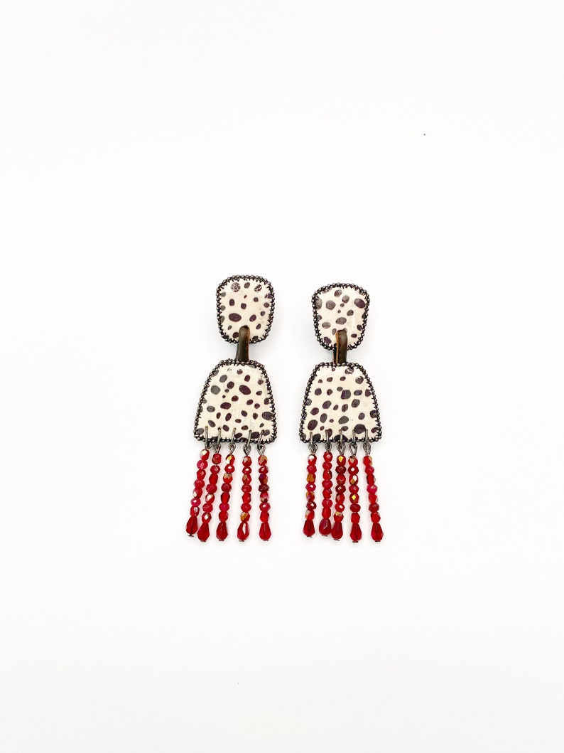 Large Red Crystal Drop Earrings, Animal Print Cork Earrings, Beaded Leather Statement Dangle Chandelier Earrings, Oversized Earrings image 5