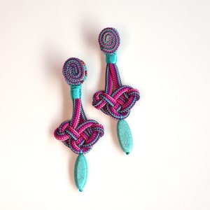 Long Celtic Knot Drop Earrings, Pink Purple Rope Earrings with Turquoise Howlite, Hand Embroidery Chandelier Earrings, Valentine's Day Gift image 2