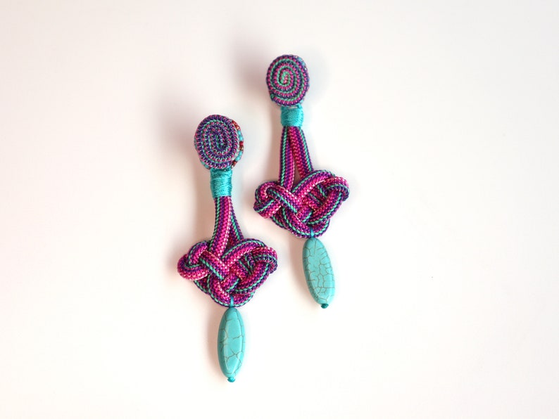 Long Celtic Knot Drop Earrings, Pink Purple Rope Earrings with Turquoise Howlite, Hand Embroidery Chandelier Earrings, Valentine's Day Gift image 2