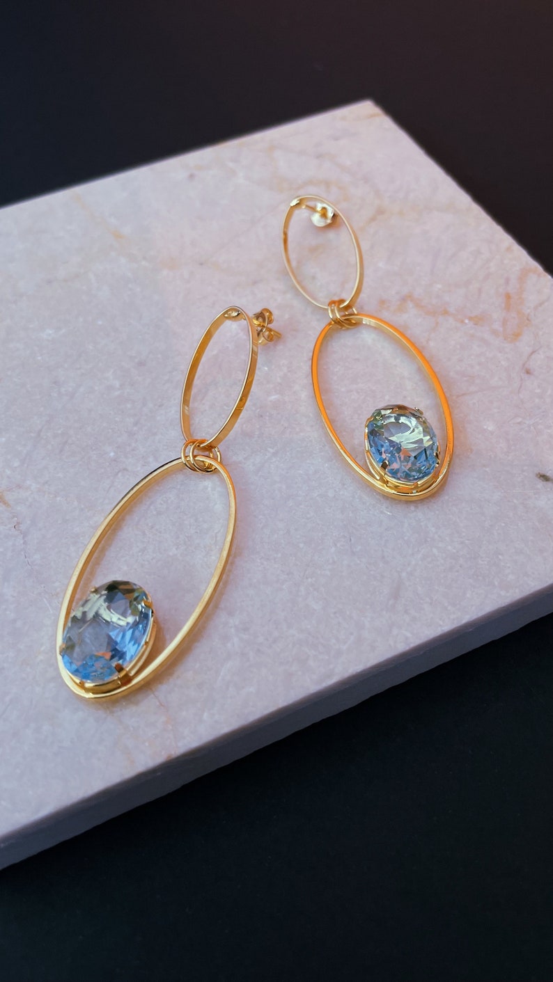 Gold Oval Dangle Earrings, Blue Crystal Drop Earrings, Minimalist 18k Gold Dainty Earrings, Statement Earrings, Wedding Jewelry image 6