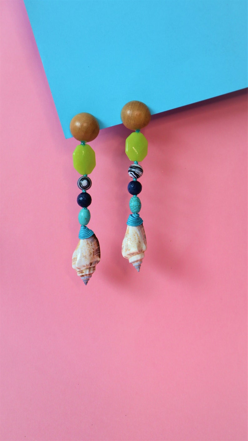 Unique Seashell Colorful Statement Earrings, Oversized Earrings, Big Chunky Shell Turquoise Wood Art Deco Earrings, Beach Summer Jewelry image 3