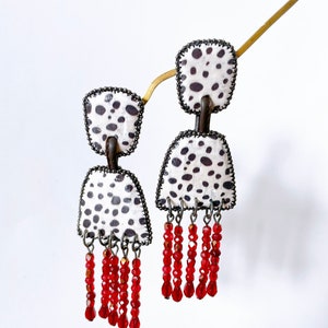 Large Red Crystal Drop Earrings, Animal Print Cork Earrings, Beaded Leather Statement Dangle Chandelier Earrings, Oversized Earrings image 4