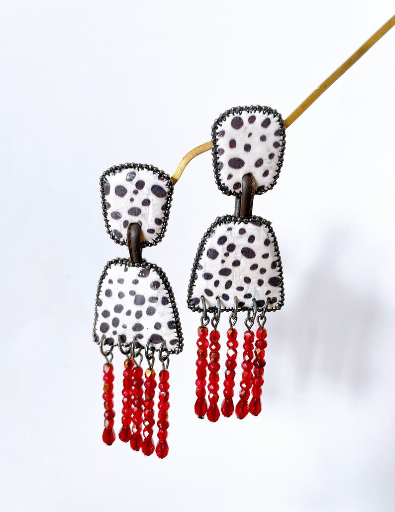 Large Red Crystal Drop Earrings, Animal Print Cork Earrings, Beaded Leather Statement Dangle Chandelier Earrings, Oversized Earrings image 4