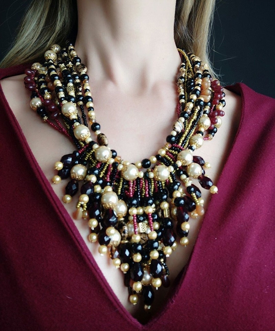 Large Pearl Beaded Necklace, Chunky Statement Necklace, Multi Layered