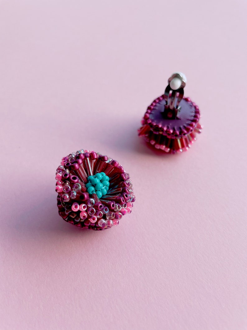 Purple Daisy Clip on Earrings, Beaded Flower Statement Earrings, Unique Dainty Earrings, Lightweight Boho Earrings, Bridal Flower Earrings image 6