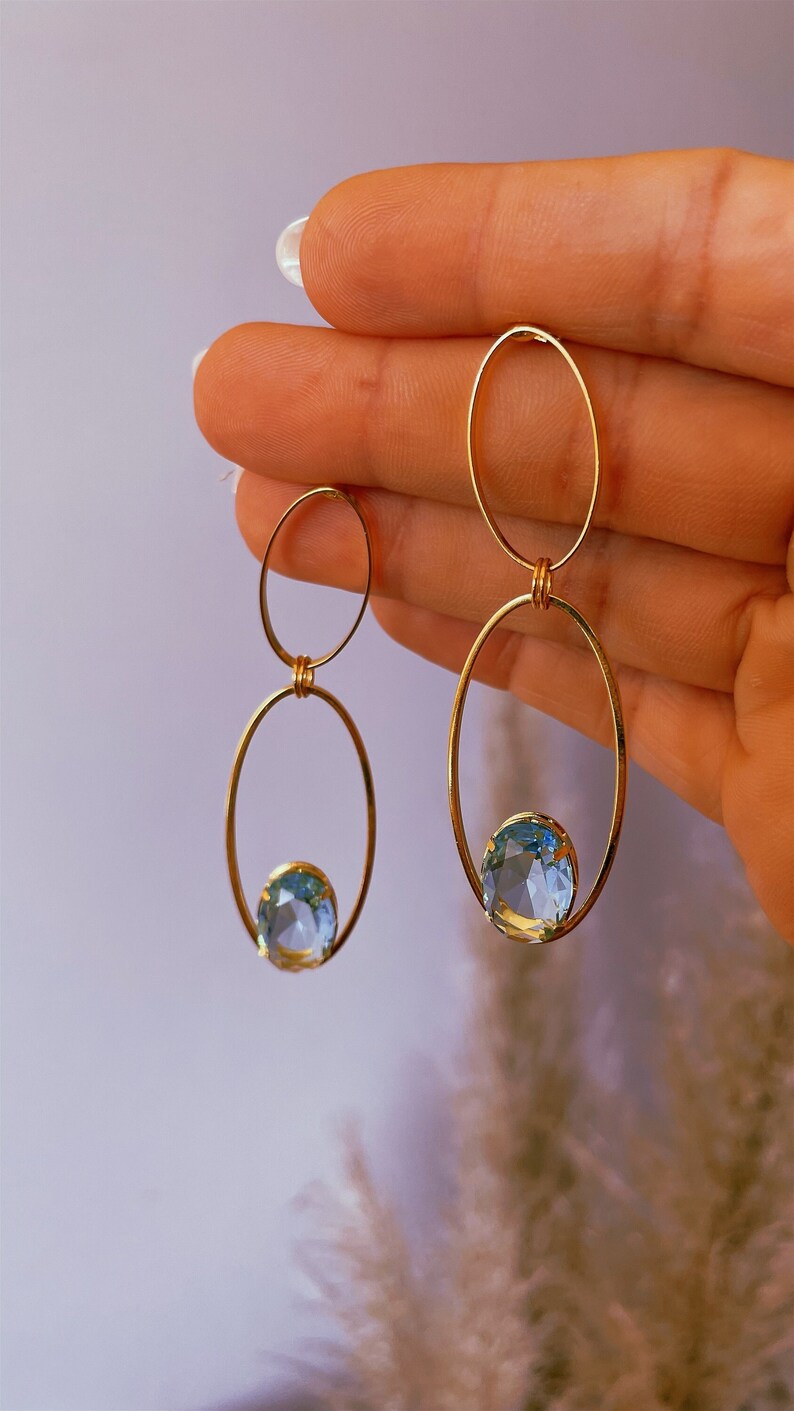 Gold Oval Dangle Earrings, Blue Crystal Drop Earrings, Minimalist 18k Gold Dainty Earrings, Statement Earrings, Wedding Jewelry image 2