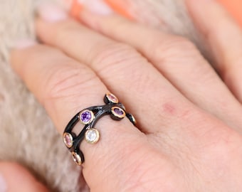 Dainty Black & Gold Enameled Ring with Colored Cubic Zirconias | Minimalist Mixed Metal Statement Ring | Perfect Gift for Her