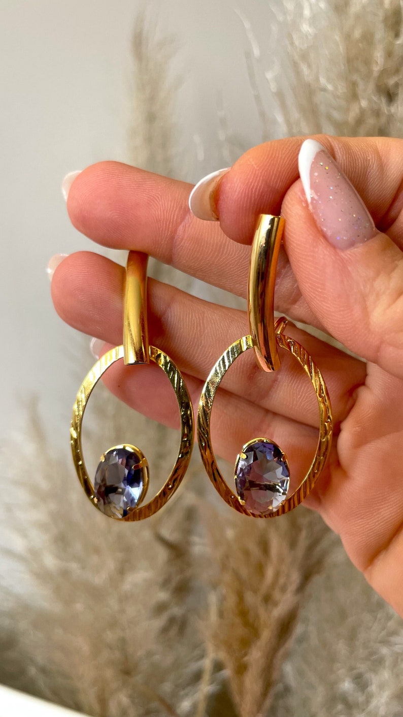 Gold Oval Dangle Earrings, Blue Crystal Zirconia Drop Earrings, Minimalist 18k Gold Dainty Earrings, Statement Earrings, Wedding Jewelry image 2