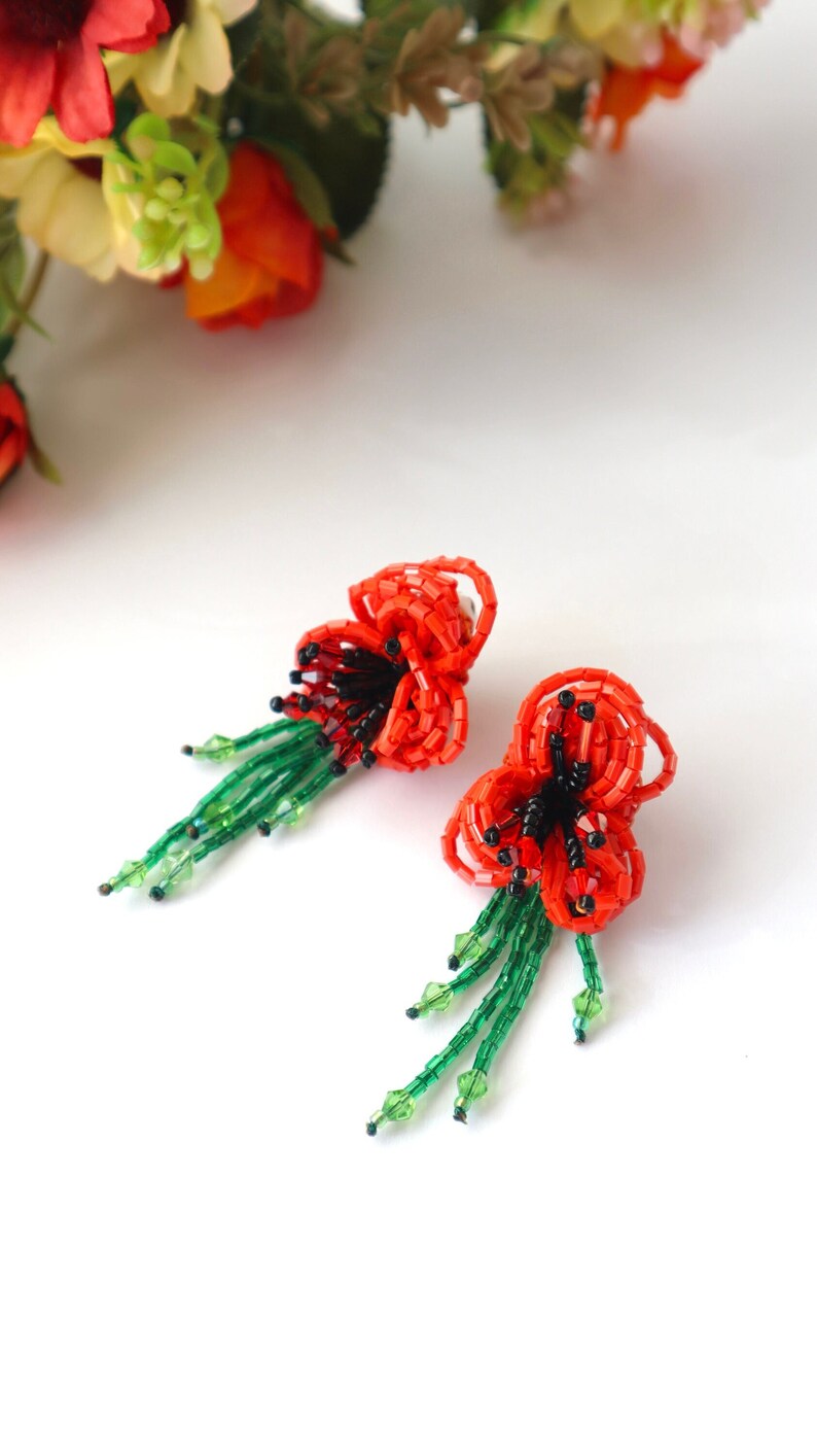 Long Red Flower Drop Earrings, Beaded Flower Statement Earrings, Unique Dainty Earrings, Oversized Earrings, Lightweight Dangle Earrings image 1