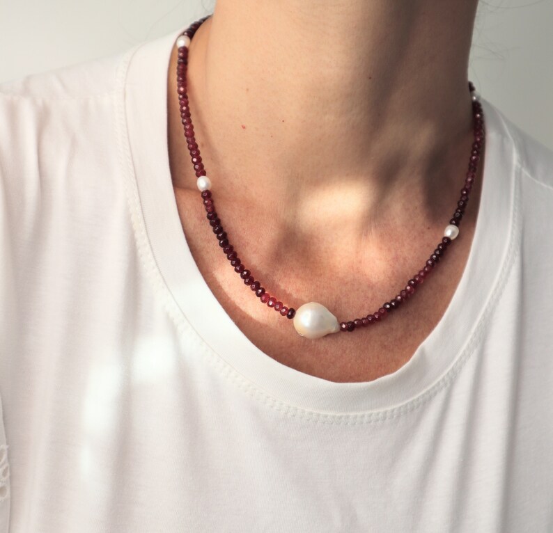 Dainty Genuine Freshwater Pearl Necklace in Sterling Silver, Ruby Gemstone Beaded Statement Fresh Water Pearl Choker Necklace, Gifts for her image 6