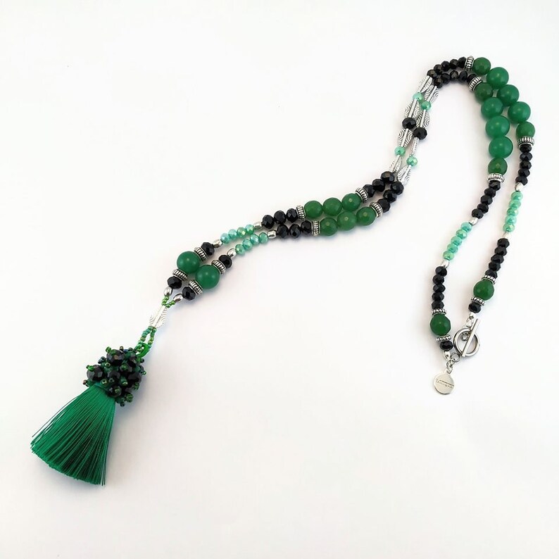 Green Tassel Necklace Black Crystals Green Agates Beads image 0
