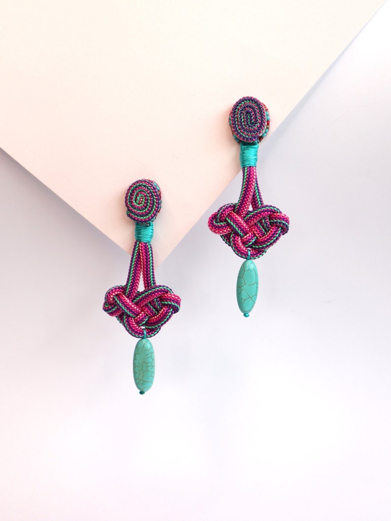 Long Celtic Knot Drop Earrings, Pink Purple Rope Earrings with Turquoise Howlite, Hand Embroidery Chandelier Earrings, Valentine's Day Gift image 1