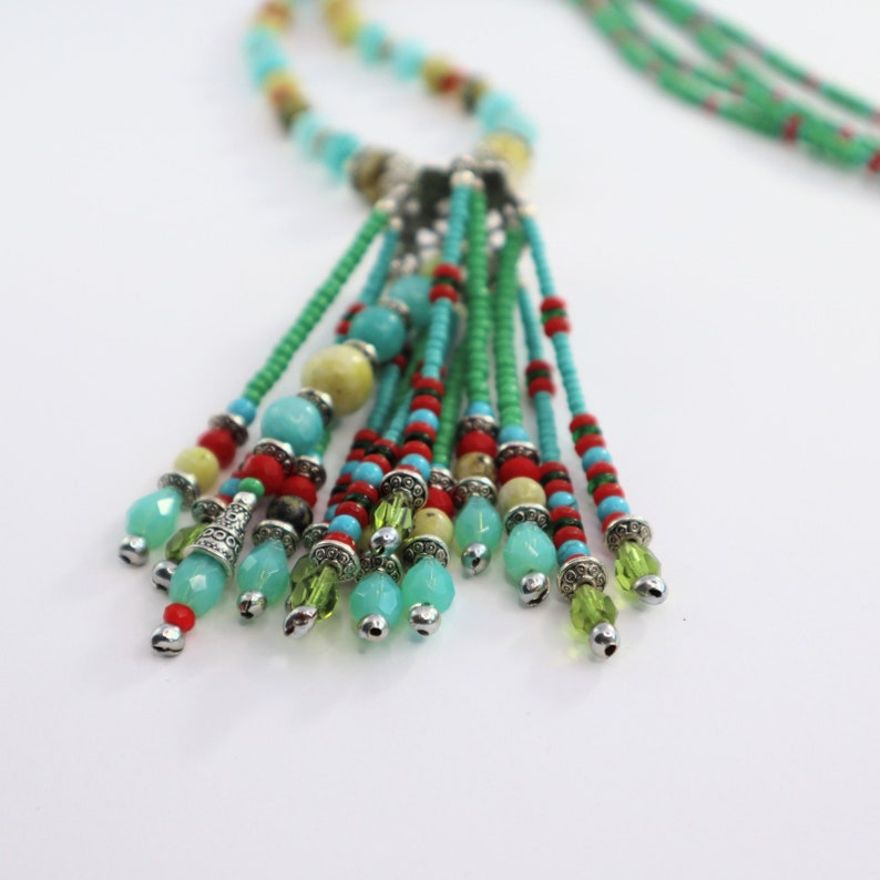 Long Beaded Tassel Necklace, Chunky Pendant Necklace, Dainty Necklace, Colorful Gemstone Necklace, Boho Statement Necklace, Gifts for her image 3