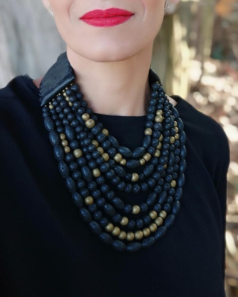 Necklace Statement Necklace Multi Strand Black Gold Chunky image 0