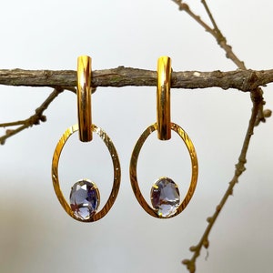 Gold Oval Dangle Earrings, Blue Crystal Zirconia Drop Earrings, Minimalist 18k Gold Dainty Earrings, Statement Earrings, Wedding Jewelry image 3
