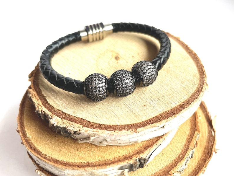 Leather Braided Cord Bracelet with CZ Pave Ball, Leather Bracelet with Black Silver Cubic Zirconia Charm, Dainty Leather Wrap Bracelet image 1