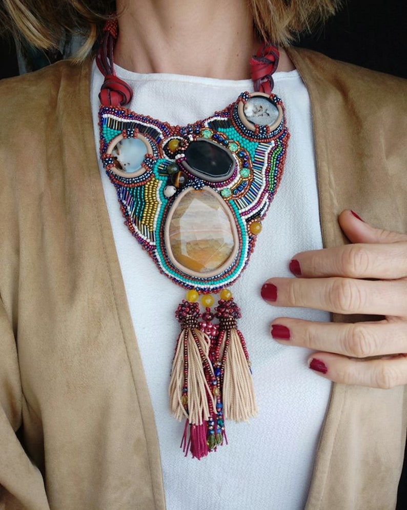 Embroidery Stones Bib Necklace Boho Tassel Necklace Luxury image 7