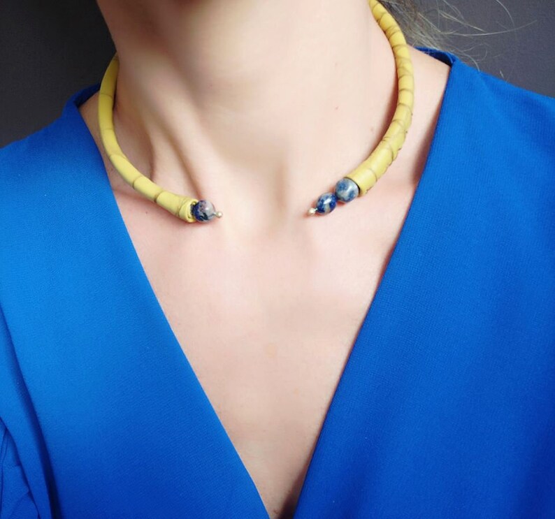 Brand New Yellow Leather Lapis Lazuli Stones Choker Choker image 8