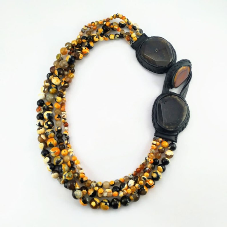 Black Yellow Orange Agates Layered Necklace Statement Leather image 1